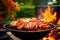 flaming grill with sizzling shrimp in backyard setting