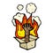 flaming hand in box cartoon