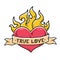 Flaming Heart Tattoo with ribbon. True love. Heart burning in fire. Ribbon wraps around red heart. Old school style.