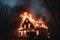 Flaming House Disaster: Dramatic image portraying a disastrous scene of a house engulfed in flames