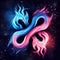 Flaming infinity sign. Esoteric concept of spiritual love. Twin flame logo. Illustration on black background for web