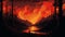 Flaming Lake: A Stunning Panorama Of A Man Walking In The Style Of Dan Mumford