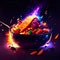 Flaming pan with pasta and vegetables on dark background. 3d illustration Generative AI