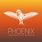 Flaming Phoenix Bird with wide spread wings in white on orange fire colors background. Symbol of reborn and regeneration