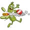 Flaming pickleball rocketing through a pickle cartoon character and chopping him in half