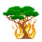 Flaming pixel tree. Blazing fire in green forest with complete burnout of area