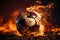 Flaming spectacle, soccer ball aglow on field, stadium radiates with fiery intensity