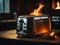 Flaming toaster in a vibrant kitchen, AI-generated.