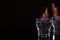 Flaming vodka in shot glasses on black background, space for text