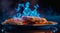 Flaming waffles on a plate with dramatic blue fire and smoke