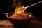 flaming wok with a wooden spatula stirring food