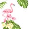 Flamingo background design. Tropical flowers illustration. Fashion summer print for wrapping, fabric, invitation card