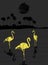 flamingo birds gold paper silhouettes standing in water in the night abstract landscape with black moon and palms seaside