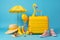 flamingo concept suitcase relax sunglasses background blue travel yellow vacation summer. Generative AI.