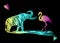 Flamingo and elephant silhouettes. Multicolor gradient. Doodles of tropical animals.