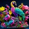 Flamingo figurine made of wood with colorful flowers on black background AI Generated
