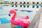 Flamingo float around swimming pool in hotel resort with umbrella and chair in hotel resort