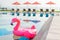 Flamingo float around swimming pool in hotel resort with umbrella and chair in hotel resort