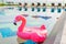 Flamingo float around swimming pool in hotel resort with umbrella and chair in hotel resort
