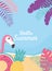 Flamingo float pineapple beach exotic tropical leaves, hello summer lettering