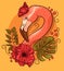 Flamingo head with poppies and monstera leaves. Tropical bird with a floral background and palm leaves