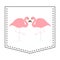 Flamingo love couple pocket print. T-shirt design. Cartoon animals. Cute baby character. Dash line. Bird animal. White background.