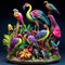 Flamingo and other exotic birds on a piece of wood. AI Generated