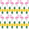 Flamingo seamless pattern with pineapples on white background.