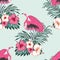 Flamingo seamless tropical pattern blue background