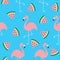 Flamingo set. Seamless Pattern Exotic tropical bird. Watermelon triangle slice seeds. Zoo animal collection. Cute cartoon characte