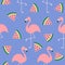 Flamingo set. Seamless Pattern Flat design. Exotic tropical bird. Watermelon triangle slice seeds. Zoo animal collection. Cute car