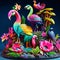 Flamingo statue made of plastic and wood with colorful flowers. AI Generated