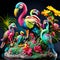 Flamingo statue made of wood on a black background with flowers generative AI