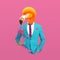 Flamingo in a suit. Modern human body with flamingo head in a bright business suit.