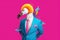 Flamingo in a suit. Modern human body with flamingo head in a bright business suit.