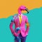 Flamingo in a suit. Modern human body with flamingo head in a bright business suit.