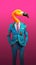 Flamingo in a suit. Modern human body with flamingo head in a bright business suit.