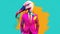 Flamingo in a suit. Modern human body with flamingo head in a bright business suit.