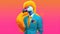 Flamingo in a suit. Modern human body with flamingo head in a bright business suit.