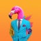 Flamingo in a suit. Modern human body with flamingo head in a bright business suit.