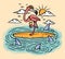 Flamingo on a surfboard in the sea illustration