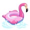 Flamingo swimming. Inflatable beach or pool rubber toy, summer bright pink bird float, sea ring with marine waves