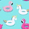 Flamingo and unicorn inflatable pool floats pattern. Vector seamless texture.