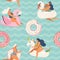 Flamingo, unicorn, swan and sweet donut inflatable swimming pool floats Vector seamless pattern.