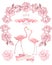 Flamingo wedding invitation, greeting card with pink flamingos. Beautiful watercolor illustration of love birds