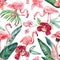 Flamingos, Floral tropical seamless pattern with palm leaves in watercolor style. Flower, leaf and bird