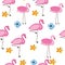Flamingos with spring time colorful doodle flower. Flamingos with different poses seamless pattern