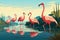 Flamingos standing in line together in water. (Illustration, Generative AI