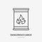 Flammable cargo flat line icon. Barrel with flame danger warning sign. Thin linear logo for freight services