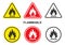 Flammable packaging icon. Flame fire logo symbol. Warning danger sign. Vector illustration image. Isolated on white background